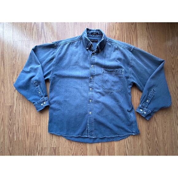 1990s Vintage Marlboro Acid Wash Denim Button Up Shirt Long Sleeve Size - XL - Picture 1 of 4